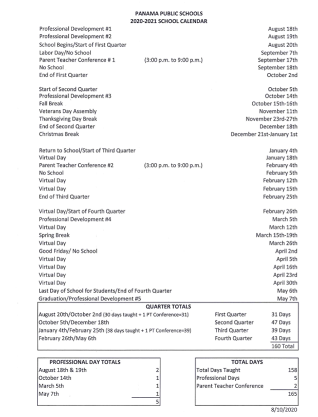 Panama Public Schools 20202021 School Calendar